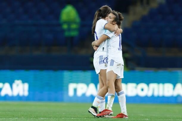Rocio Galvez of Real Madrid and Lorena Navarro of Real Madrid celebrate after winning during the UEFA Women's Champions League group B match between...