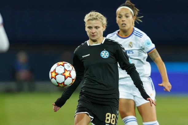 Ganna Voronina of WFC Zhytlobud-1 Kharkiv controls the ball during the UEFA Women's Champions League group B match between WFC Zhytlobud-1 Kharkiv...