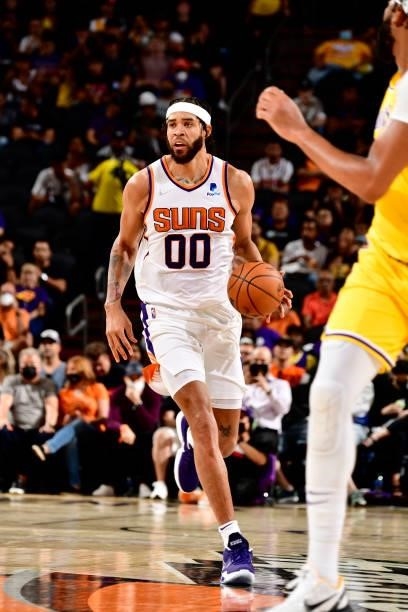 JaVale McGee of the Phoenix Suns handles the ball during the game against the Los Angeles Lakers during a preseason game on October 6, 2021 at...