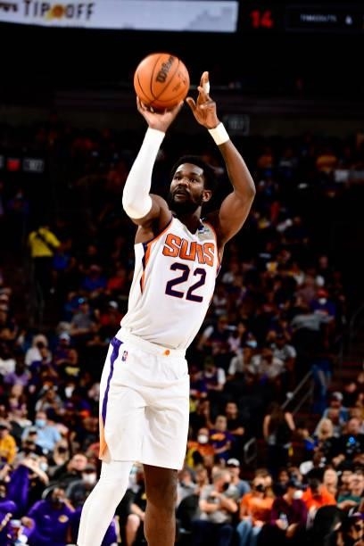Deandre Ayton of the Phoenix Suns shoots the ball against the Los Angeles Lakers during a preseason game on October 6, 2021 at Footprint Center in...