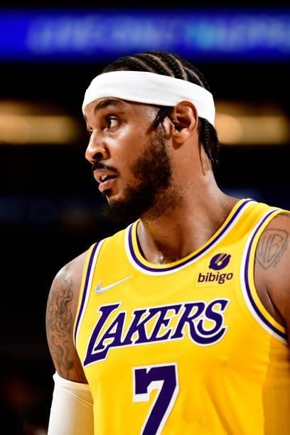 Carmelo Anthony of the Los Angeles Lakers looks on during the game against the Phoenix Suns during a preseason game on October 6, 2021 at Footprint...