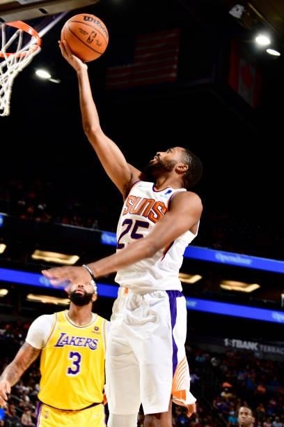 Mikal Bridges of the Phoenix Suns drives to the basket against the Los Angeles Lakers during a preseason game on October 6, 2021 at Footprint Center...