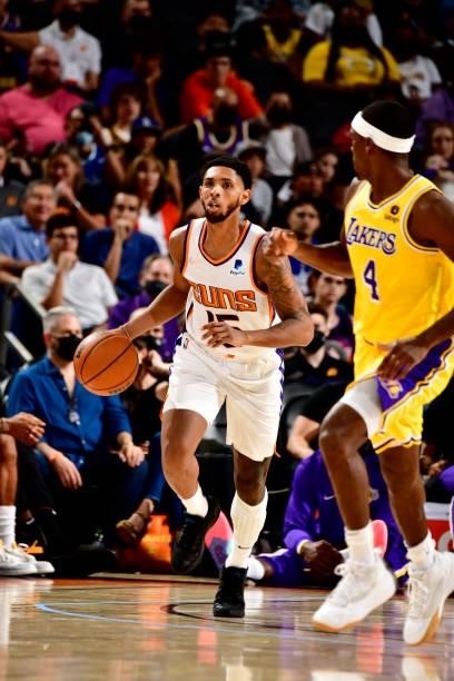 Cameron Payne of the Phoenix Suns dribbles the ball against the Los Angeles Lakers during a preseason game on October 6, 2021 at Footprint Center in...