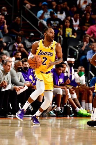 Wayne Ellington of the Los Angeles Lakers handles the ball during the game against the Phoenix Suns during a preseason game on October 6, 2021 at...