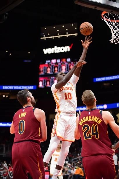 Gorgui Dieng of the Atlanta Hawks shoots the ball during a preseason game against the Cleveland Cavaliers on October 6, 2021 at State Farm Arena in...