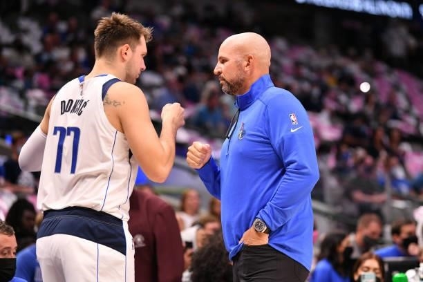 Head Coach Jason Kidd of the Dallas Mavericks and Luka Doncic embrace before a preseason game against the Utah Jazz on October 6, 2021 at the...