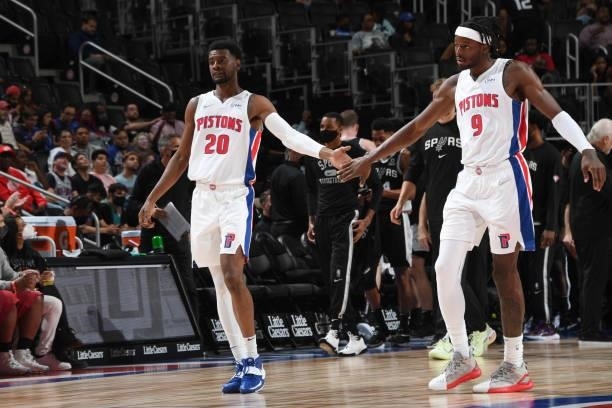 Josh Jackson of the Detroit Pistons high fives Jerami Grant of the Detroit Pistons during a preseason game against the San Antonio Spurs on October...