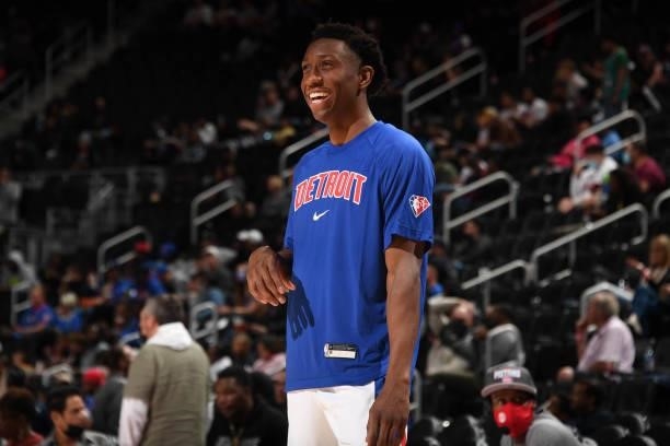 Saben Lee of the Detroit Pistons smiles during a preseason game against the San Antonio Spurs on October 6, 2021 at Little Caesars Arena in Detroit,...