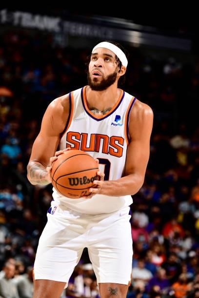 JaVale McGee of the Phoenix Suns shoots a free throw against the Los Angeles Lakers during a preseason game on October 6, 2021 at Footprint Center in...