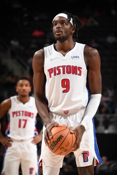 Jerami Grant of the Detroit Pistons shoots a free throw during a preseason game against the San Antonio Spurs on October 6, 2021 at Little Caesars...