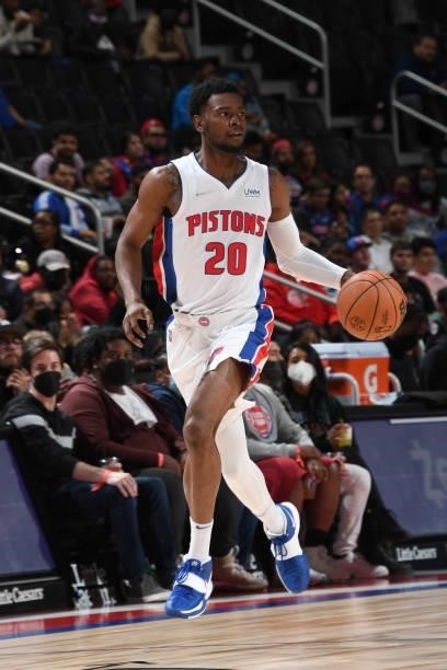 Josh Jackson of the Detroit Pistons dribbles the ball during a preseason game against the San Antonio Spurs on October 6, 2021 at Little Caesars...