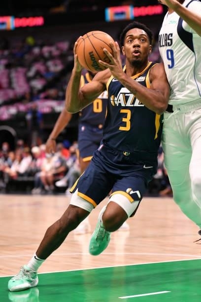 Trent Forrest of the Utah Jazz drives to the basket during a preseason game against the Dallas Mavericks on October 6, 2021 at the American Airlines...