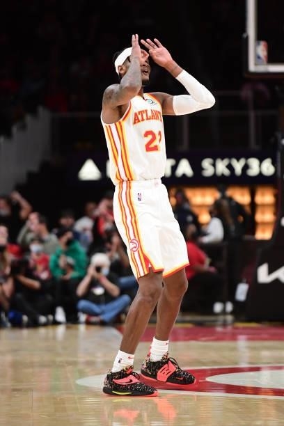 Cam Reddish of the Atlanta Hawks celebrates a three-pointer during a preseason game against the Cleveland Cavaliers on October 6, 2021 at State Farm...