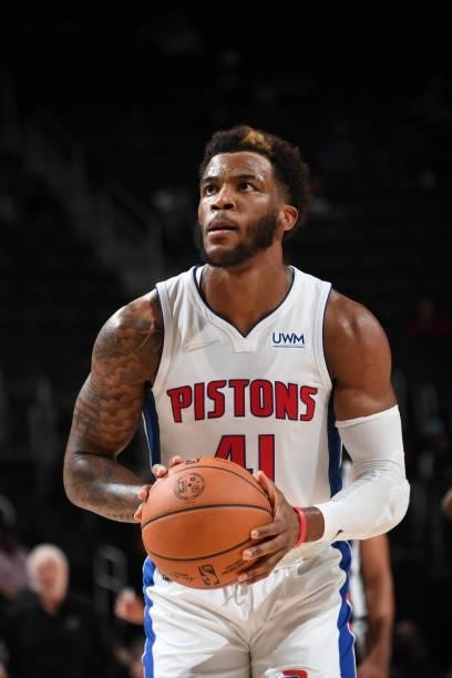 Saddiq Bey of the Detroit Pistons shoots a free throw during a preseason game against the San Antonio Spurs on October 6, 2021 at Little Caesars...