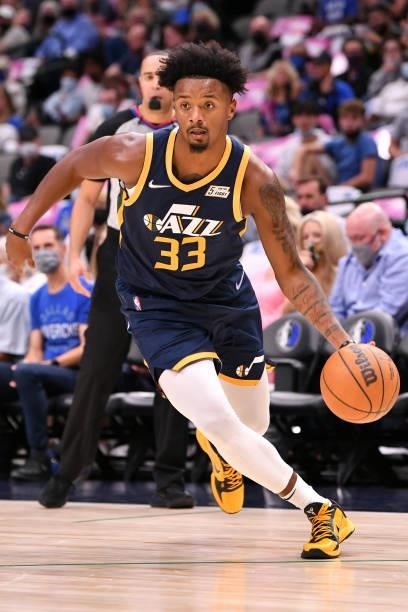 Elijah Hughes of the Utah Jazz drives to the basket during a preseason game against the Dallas Mavericks on October 6, 2021 at the American Airlines...