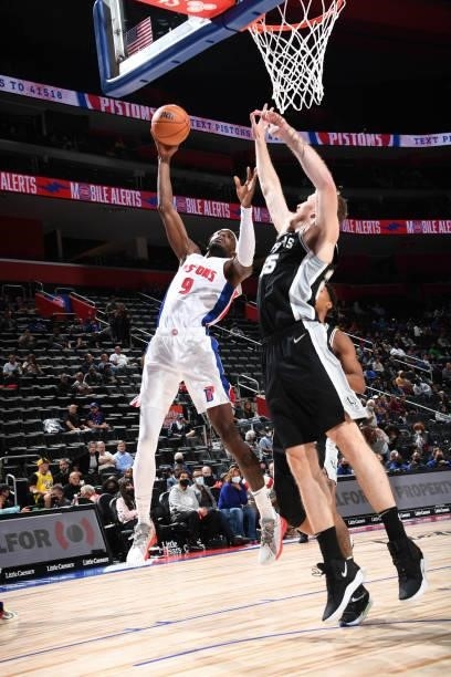 Jerami Grant of the Detroit Pistons shoots the ball during a preseason game against the San Antonio Spurs on October 6, 2021 at Little Caesars Arena...