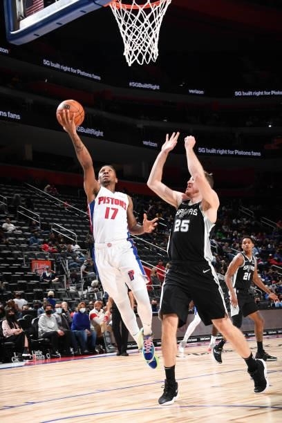 Rodney McGruder of the Detroit Pistons drives to the basket during a preseason game against the San Antonio Spurs on October 6, 2021 at Little...