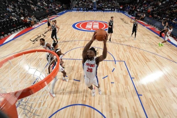 Isaiah Stewart of the Detroit Pistons catches the rebound during a preseason game against the San Antonio Spurs on October 6, 2021 at Little Caesars...