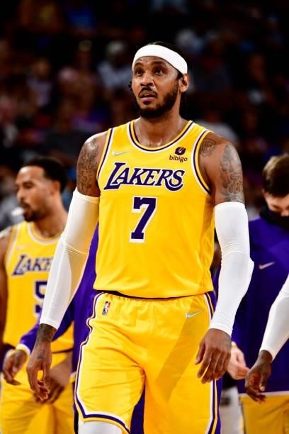 Carmelo Anthony of the Los Angeles Lakers looks on during the game against the Phoenix Suns during a preseason game on October 6, 2021 at Footprint...