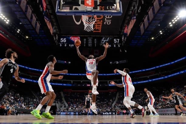 Isaiah Stewart of the Detroit Pistons catches the rebound during a preseason game against the San Antonio Spurs on October 6, 2021 at Little Caesars...