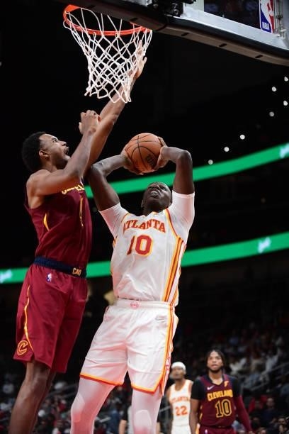 Gorgui Dieng of the Atlanta Hawks shoots the ball during a preseason game against the Cleveland Cavaliers on October 6, 2021 at State Farm Arena in...