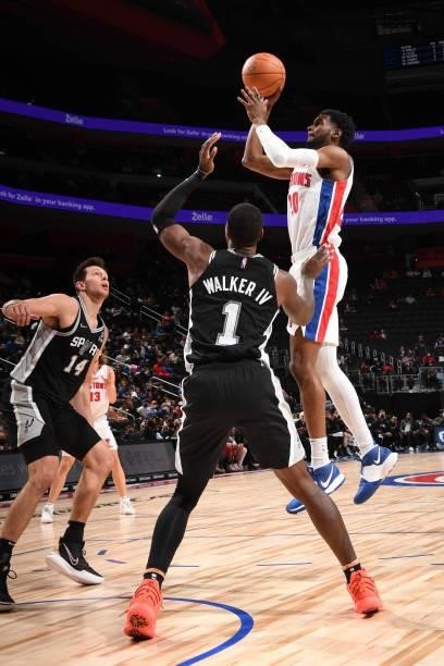 Josh Jackson of the Detroit Pistons shoots the ball during a preseason game against the San Antonio Spurs on October 6, 2021 at Little Caesars Arena...