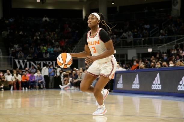 Kaila Charles of the Connecticut Sun handles the ball during the game against the Chicago Sky during Game 4 of the 2021 WNBA Semifinals on October 6,...