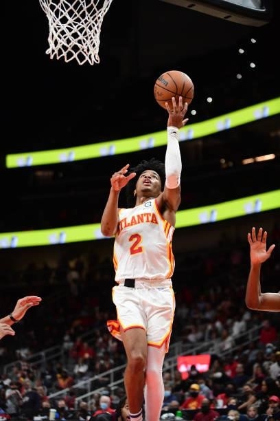 Sharife Cooper of the Atlanta Hawks shoots the ball during a preseason game against the Cleveland Cavaliers on October 6, 2021 at State Farm Arena in...