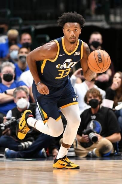 Elijah Hughes of the Utah Jazz drives to the basket during a preseason game against the Dallas Mavericks on October 6, 2021 at the American Airlines...