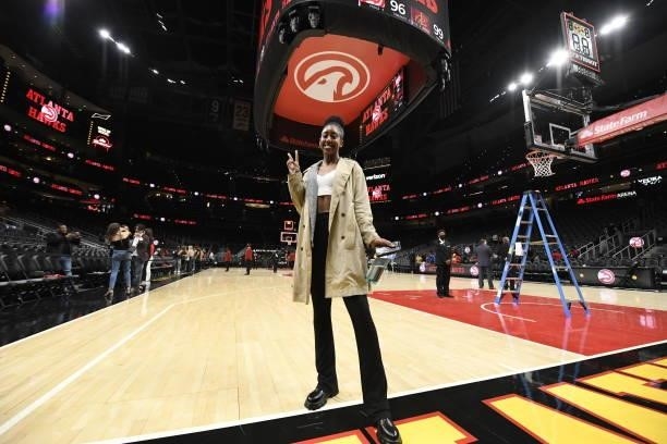 Player Monique Billings attends a preseason game between the Atlanta Hawks and the Cleveland Cavaliers on October 6, 2021 at State Farm Arena in...