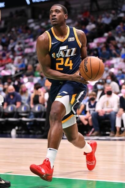 Malik Fitts of the Utah Jazz drives to the basket during a preseason game against the Dallas Mavericks on October 6, 2021 at the American Airlines...