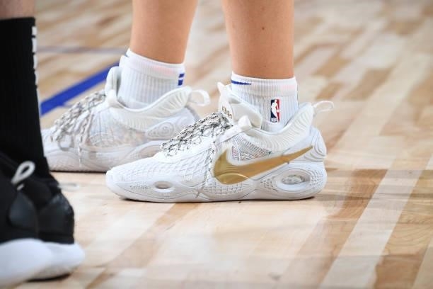The sneakers worn by Kelly Olynyk of the Detroit Pistons during a preseason game against the San Antonio Spurs on October 6, 2021 at Little Caesars...