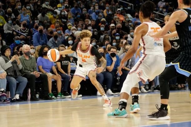 Natisha Hiedeman of the Connecticut Sun handles the ball during the game against the Chicago Sky during Game 4 of the 2021 WNBA Semifinals on October...
