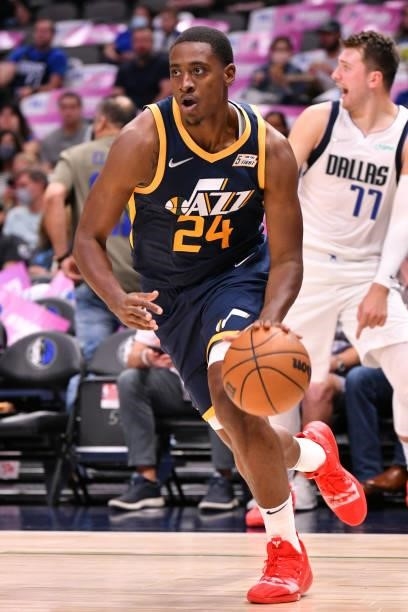 Malik Fitts of the Utah Jazz drives to the basket during a preseason game against the Dallas Mavericks on October 6, 2021 at the American Airlines...