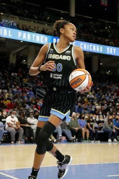 Azura Stevens of the Chicago Sky handles the ball during the game against the Connecticut Sun during Game 4 of the 2021 WNBA Semifinals on October 6,...