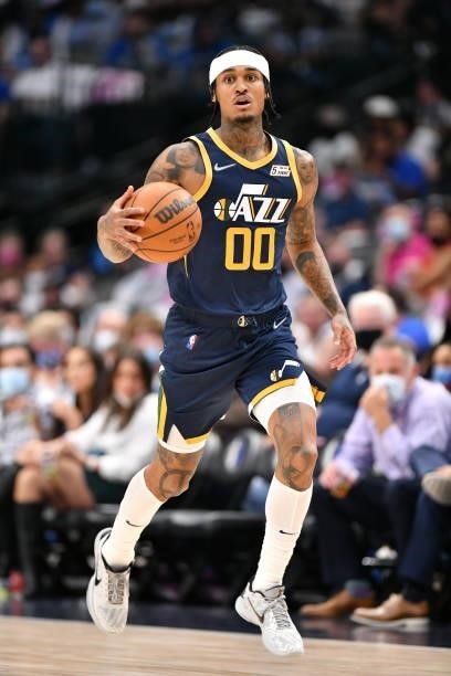 Jordan Clarkson of the Utah Jazz dribbles the ball during a preseason game against the Dallas Mavericks on October 6, 2021 at the American Airlines...