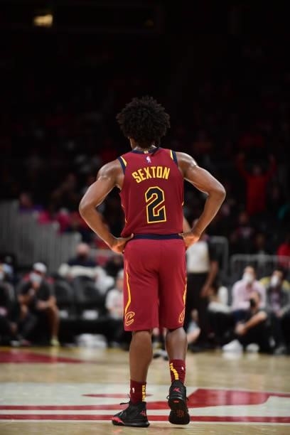 Collin Sexton of the Cleveland Cavaliers looks on during a preseason game against the Atlanta Hawks on October 6, 2021 at State Farm Arena in...