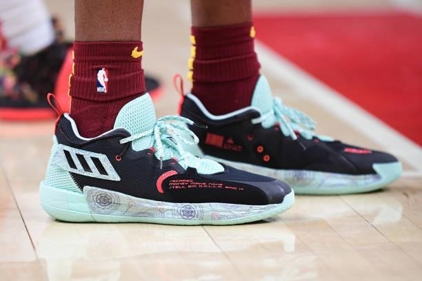 The sneakers worn by Evan Mobley of the Cleveland Cavaliers during a preseason game against the Atlanta Hawks on October 6, 2021 at State Farm Arena...