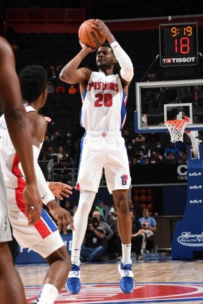 Josh Jackson of the Detroit Pistons shoots a three point basket during a preseason game against the Detroit Pistons on October 6, 2021 at Little...
