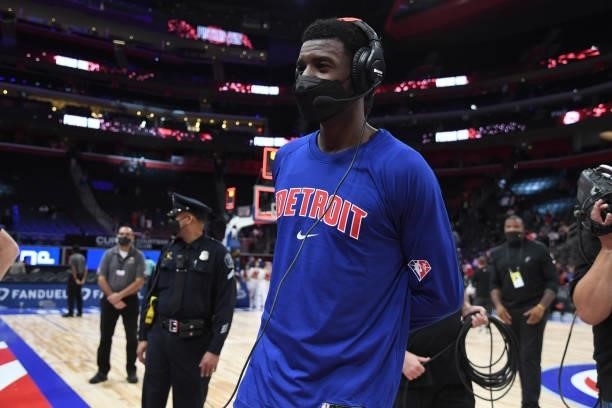 Josh Jackson of the Detroit Pistons interviews after a preseason game against the San Antonio Spurs on October 6, 2021 at Little Caesars Arena in...