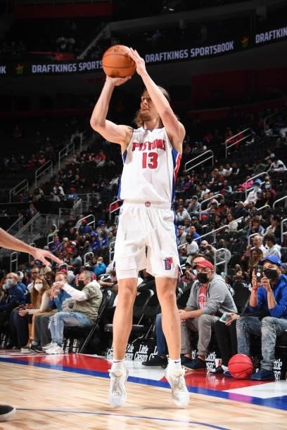 Kelly Olynyk of the Detroit Pistons shoots a three point basket during a preseason game against the San Antonio Spurs on October 6, 2021 at Little...