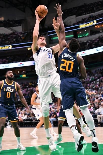 Boban Marjanovic of the Dallas Mavericks drives to the basket during a preseason game against the Utah Jazz on October 6, 2021 at the American...