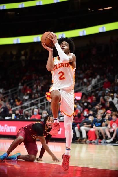 Sharife Cooper of the Atlanta Hawks shoots the ball during a preseason game against the Cleveland Cavaliers on October 6, 2021 at State Farm Arena in...