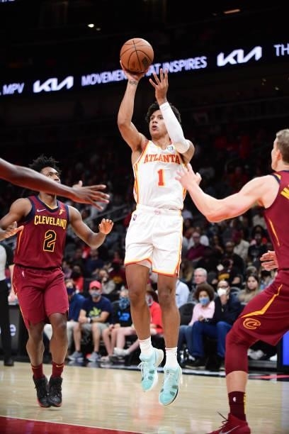 Jalen Johnson of the Atlanta Hawks shoots the ball during a preseason game against the Cleveland Cavaliers on October 6, 2021 at State Farm Arena in...