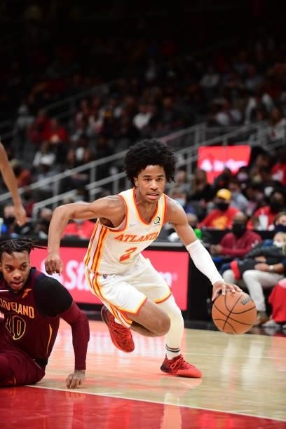 Sharife Cooper of the Atlanta Hawks drives to the basket during a preseason game against the Cleveland Cavaliers on October 6, 2021 at State Farm...
