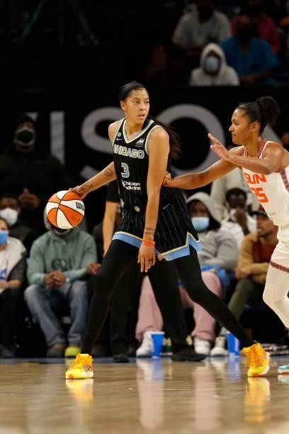 Candace Parker of the Chicago Sky handles the ball during the game against the Connecticut Sun during Game 4 of the 2021 WNBA Semifinals on October...