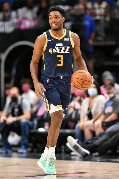 Trent Forrest of the Utah Jazz dribbles the ball during a preseason game against the Dallas Mavericks on October 6, 2021 at the American Airlines...