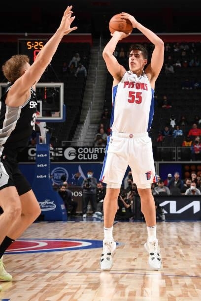 Luka Garza of the Detroit Pistons shoots a three point basket during a preseason game against the San Antonio Spurs on October 6, 2021 at Little...