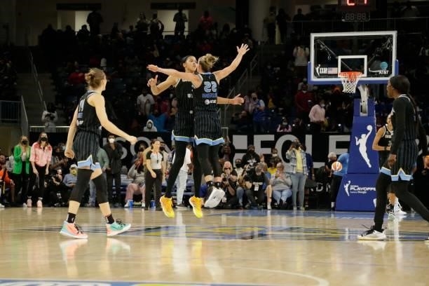 Candace Parker and Courtney Vandersloot of the Chicago Sky celebrate during the game against the Connecticut Sun during Game 4 of the 2021 WNBA...
