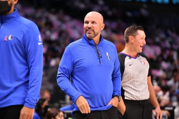 Head Coach Jason Kidd of the Dallas Mavericks looks on during a preseason game against the Utah Jazz on October 6, 2021 at the American Airlines...